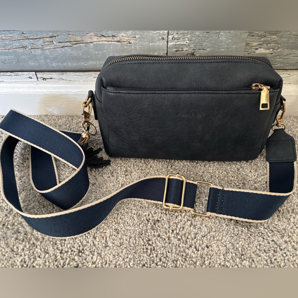 Roulens Navy Blue, Cream, Gold Crossbody Purse